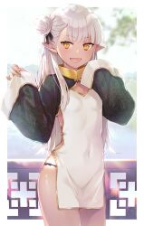 Rule 34 | 1girl, :d, black ribbon, china dress, chinese clothes, covered navel, dress, e (eokiba), elf, fang, hair bun, hair ribbon, highres, long sleeves, open mouth, original, pointy ears, ribbon, side slit, smile, solo, white hair, yellow eyes
