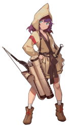 Rule 34 | 1girl, arrow (projectile), bandages, boots, bow (weapon), breasts, brown footwear, closed mouth, commentary, dress, fangdan runiu, full body, green eyes, hair between eyes, hands on own hips, hat, headwear request, highres, jacket, leather, leather jacket, long sleeves, looking to the side, original, purple hair, quiver, shoelaces, simple background, small breasts, solo, standing, sword, weapon, white background