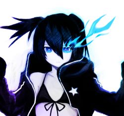 Rule 34 | 1girl, absurdres, bikini, bikini top only, black gloves, black hair, black rock shooter, black rock shooter (character), blue eyes, blue fire, blue theme, coat, colored skin, fire, flaming eye, gloves, hair between eyes, highres, huge filesize, looking at viewer, pale skin, star (symbol), swimsuit, twintails, uneven twintails, watalgear, white background, white skin