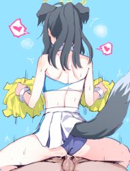 Rule 34 | 1boy, 1girl, animal ears, ass, back, bare arms, bare shoulders, black hair, blue archive, cheerleader, clothed sex, cowboy shot, cowgirl position, crop top, dog ears, dog tail, from behind, girl on top, halo, happy sex, heart, hetero, hibiki (blue archive), hibiki (cheer squad) (blue archive), holding, holding pom poms, kumadano, long hair, lowres, millennium cheerleader outfit (blue archive), miniskirt, motion lines, official alternate costume, panties, penis, pleated skirt, pom pom (cheerleading), pom poms, ponytail, purple panties, sex, simple background, skirt, sleeveless, solo focus, spoken heart, spread legs, squatting, squatting cowgirl position, straddling, sweat, tail, underwear, vaginal