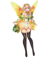 Rule 34 | 1girl, bare shoulders, blonde hair, blush, boots, bracelet, breasts, cleavage, fairy wings, fire emblem, fire emblem heroes, flower, full body, halterneck, headband, highres, jewelry, leaf, long hair, looking at viewer, medium breasts, nintendo, official art, open mouth, peony (fire emblem), pointy ears, purple eyes, solo, teeth, thighhighs, transparent background, twintails, wings, yoshiku (oden-usagi)