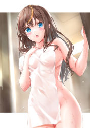 Rule 34 | 1girl, :o, after bathing, bad id, bad pixiv id, blue eyes, blurry, blurry background, blush, breasts, brown hair, collarbone, commentary request, covering privates, cowboy shot, depth of field, dripping, gluteal fold, hand on own chest, hands up, highres, indoors, kyariko, letterboxed, long hair, looking at viewer, medium breasts, multicolored hair, nude cover, open mouth, orange hair, original, outside border, revision, sideboob, solo, streaked hair, towel, two-tone hair, water drop, wet