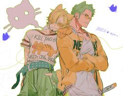 Rule 34 | 2boys, alternate costume, animal, animal ears, animal on shoulder, animal print, blonde hair, blush, cat boy, cat day, cat ears, cat print, couple, crossed arms, fang, green hair, highres, intertwined tails, kemonomimi mode, male focus, multiple boys, one piece, pectoral cleavage, pectorals, roronoa zoro, sanji (one piece), sideburns, skin fang, sunglasses, upper body, yaoi, ynnn m