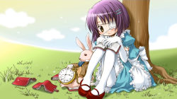 Rule 34 | 00s, 1girl, alice in wonderland, aoki ume, apron, book, ef (visual novel), end card, eyepatch, hair ornament, hairclip, mary janes, pantyhose, pocket watch, purple hair, rabbit, shindou chihiro, shoes, smile, solo, tree, watch, white pantyhose, white rabbit (alice in wonderland)