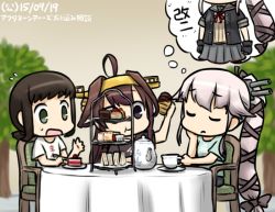 Rule 34 | 10s, 3girls, ahoge, black eyes, brown hair, cake, chair, clothes writing, cup, dated, closed eyes, flying sweatdrops, food, fubuki (kancolle), green eyes, hair ribbon, hamu koutarou, headgear, imagining, kantai collection, kongou (kancolle), long hair, multiple girls, pink hair, remodel (kantai collection), ribbon, sitting, table, tablecloth, tea set, teacup, thought bubble, tiered tray, translation request, very long hair, yura (kancolle)
