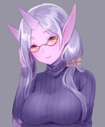 Rule 34 | 1girl, adjusting eyewear, artist request, bespectacled, breast hold, breasts, colored skin, glasses, head tilt, horns, large breasts, league of legends, long hair, looking at viewer, pointy ears, purple skin, ribbed sweater, scrunchie, silver hair, single horn, smile, solo, soraka (league of legends), source request, sweater, yellow eyes