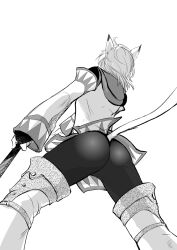 Rule 34 | 1girl, adventurer (ff11), animal ears, ass, cat ears, cat girl, cat tail, detached sleeves, doraeshi, final fantasy, final fantasy xi, from behind, from below, gloves, greyscale, half gloves, highres, long sleeves, mithra (ff11), monochrome, robe, short hair, simple background, solo, tail, white background, white mage (final fantasy)