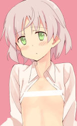 Rule 34 | 1girl, :o, bar censor, blush, censored, collared shirt, dress shirt, flat chest, glastonbury1966, green eyes, long sleeves, no bra, open clothes, open shirt, pink background, sanya v. litvyak, shirt, short hair, silver hair, simple background, solo, strike witches, world witches series