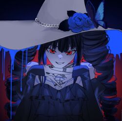 Rule 34 | 1girl, alternate costume, bare shoulders, black dress, black nails, blue flower, bug, butterfly, celestia ludenberg, chain, danganronpa: trigger happy havoc, danganronpa (series), danjong 8, detached sleeves, dress, finger tattoo, flower, grin, hands up, hat, hat flower, highres, insect, large hat, layered dress, looking at viewer, nail polish, red background, red eyes, smile, solo, tattoo, teeth, witch hat