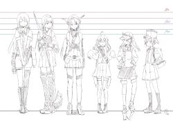 Rule 34 | 10s, 6+girls, ahoge, ankle boots, bare shoulders, boots, bow (weapon), chikuma (kancolle), elbow gloves, closed eyes, glasses, gloves, hairband, hat, headgear, height chart, height difference, high heels, japanese clothes, kantai collection, kawashina (momen silicon), knee boots, lineup, long hair, makigumo (kancolle), multiple girls, nagato (kancolle), ooshio (kancolle), open mouth, ryuujou (kancolle), school uniform, short twintails, shoukaku (kancolle), sketch, skirt, sleeves past wrists, smile, spot color, suspenders, thigh boots, thighhighs, twintails, visor cap, weapon