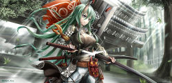 Rule 34 | 1girl, arknights, artist name, bad id, bad pixiv id, belt, black shirt, breasts, brown belt, commentary request, cowboy shot, glint, green hair, grey eyes, grey pants, grin, hair between eyes, highres, holding, holding sword, holding weapon, horns, hoshiguma (arknights), hoshiguma (ronin huntress) (arknights), katana, large breasts, long hair, long sleeves, mask, official alternate costume, oni mask, pants, scabbard, sheath, shirt, single horn, smile, solo, standing, sword, twitter username, unsheathing, v-shaped eyebrows, weapon, yokaze (yokajie)