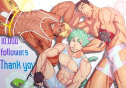 Rule 34 | 3boys, abs, animal ears, arm hair, armband, armpit hair, armpits, arms up, bandages, bara, bare pectorals, biceps, black hair, blonde hair, brown hair, chest belt, chest hair, cigarette, confetti, crop top, ear piercing, earrings, facial hair, fishnet top, fishnets, gloves, green hair, hairy, hand on own face, highres, jewelry, large pectorals, leg hair, legband, long sideburns, male focus, male underwear, manly, multiple boys, muscular, muscular male, navel, navel hair, nipples, original, pectorals, piercing, pink eyes, pubic hair, red eyes, reki uraaka, shoes, short hair, sideburns, smile, smoking, socks, stubble, tail, tan, text focus, thank you, thick arms, thick eyebrows, thick thighs, thighs, topless male, tusks, underwear, veins, veiny arms