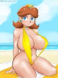 Rule 34 | 1girl, arm support, beach, blue eyes, breasts, brown hair, cleavage, huge breasts, legs, looking at viewer, mario (series), navel, nintendo, ocean, princess daisy, short hair, sitting, slingshot swimsuit, smile, solo, super mario land, swimsuit, thick thighs, thighs, water