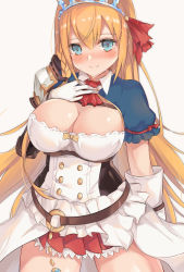 Rule 34 | 1girl, armor, ascot, belt, blue eyes, blush, bow, braid, breasts, cleavage, closed mouth, corset, cowboy shot, dress, elbow gloves, frilled sleeves, frills, gloves, hand on own chest, highres, large breasts, layered dress, long hair, looking at viewer, nose blush, orange hair, pecorine (princess connect!), princess connect!, red ascot, sevens (treefeather), short sleeves, shoulder armor, shrug (clothing), side braid, smile, solo, split mouth, strapless, strapless dress, sweat, tiara, underbust, very long hair, white gloves, yellow bow