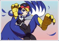 Rule 34 | 1girl, bird hat, bird legs, black bodysuit, blue bodysuit, blue eyes, blue feathers, blue hair, blue wings, blush, bodysuit, breasts, duel monster, feathers, harpy, looking at viewer, lyrilusc - sapphire swallow, monster girl, one eye closed, small breasts, smile, solo, soumnio, star (symbol), talons, two-tone bodysuit, white wings, winged arms, wings, yu-gi-oh!