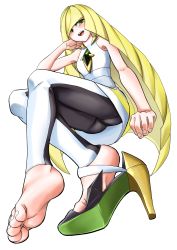 Rule 34 | 1girl, bare arms, bare shoulders, barefoot, blonde hair, creatures (company), crystal, dress, feet, foot focus, foreshortening, game freak, green eyes, high heels, highres, leggings, long hair, lusamine (pokemon), multicolored clothes, multicolored dress, nintendo, pokemon, pokemon sm, shoe dangle, shoe soles, shoes, short dress, single shoe, sleeveless, sleeveless dress, smile, soles, solo, toes, transparent background, very long hair, white dress, white leggings, yuzu gin (pika97)