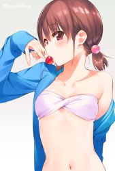 Rule 34 | 1girl, arm up, bandeau, bikini, blue jacket, blush, brown hair, cherry, collarbone, commentary request, copyright request, eating, flat chest, food, fruit, fuzuki fuuro, gradient background, grey background, highres, holding, holding food, holding fruit, jacket, long sleeves, low twintails, navel, off shoulder, open clothes, open jacket, pink bikini, red eyes, short hair, short twintails, single bare shoulder, sleeves past wrists, solo, stomach, strapless, strapless bikini, swimsuit, twintails, twitter username, upper body