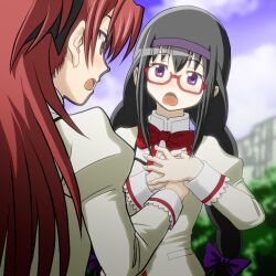 akemi_homura black_hair braid grabbing_another&#039;s_breast grabbing_another&#039;s_breast groping guided_breast_grab guiding_hand hairband holding_hands knives_(knives777) mahou_shoujo_madoka_magica mitakihara_school_uniform open_mouth purple_eyes purple_hairband purple_ribbon red_eyes red_hair ribbon sakura_kyoko school_uniform semi-rimless_eyewear twin_braids