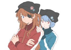 Rule 34 | 2girls, ayanami rei, blue eyes, blue hair, blue jacket, closed mouth, cosplay, evangelion: 3.0 you can (not) redo, eyepatch, highres, jacket, looking down, multiple girls, neon genesis evangelion, orange hair, rebuild of evangelion, red eyes, red jacket, short hair, simple background, souryuu asuka langley, souryuu asuka langley (cosplay), takanas03, white background