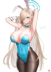 Rule 34 | 1girl, absurdres, animal ears, armpits, arms behind head, arms up, artist name, asuna (blue archive), asuna (bunny) (blue archive), bare shoulders, blonde hair, blue archive, blue bow, blue eyes, blue leotard, blush, bow, bowtie, breasts, brown hair, buff bard, cleavage, covered navel, cowboy shot, detached collar, fake animal ears, gloves, grin, hair over one eye, halo, highleg, highleg leotard, highres, huge breasts, leotard, long hair, looking at viewer, pantyhose, playboy bunny, rabbit ears, skindentation, smile, solo, strapless, strapless leotard, thighband pantyhose, very long hair