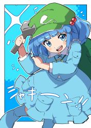 Rule 34 | 1girl, backpack, bag, blue background, blue eyes, blue footwear, blue hair, blue skirt, blunt bangs, boots, flat cap, green hat, hair bobbles, hair ornament, hat, highres, holding, holding wrench, kawashiro nitori, long sleeves, looking at viewer, miz (mizillustration), one-hour drawing challenge, open mouth, outline, outside border, pocket, rubber boots, short hair, skirt, solo, touhou, two side up, v-shaped eyebrows, white outline, wrench