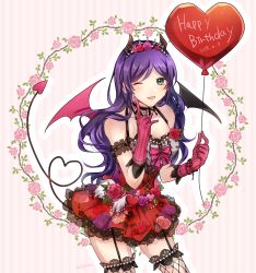 Rule 34 | 1girl, artist name, asymmetrical wings, balloon, black wings, blush, breasts, cleavage, commentary request, demon girl, demon horns, demon tail, demon wings, dot nose, dress, fishnet thighhighs, fishnets, flower, gloves, green eyes, happy birthday, heart, heart balloon, heart tail, highres, holding, holding balloon, horns, large breasts, long finger, long hair, looking at viewer, love live!, love live! school idol festival, love live! school idol project, mismatched wings, miyuzu, pink gloves, pink wings, purple hair, red dress, red flower, red rose, rose, smile, solo, tail, thighhighs, tojo nozomi, wings
