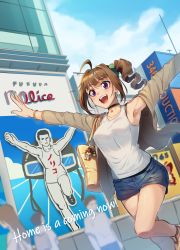 Rule 34 | 1girl, :d, ahoge, armpits, arms up, bag, bag charm, beige jacket, black choker, blue shorts, blush, bra, bra peek, bracelet, brand name imitation, breasts, brown hair, building, character charm, character doll, charm (object), choker, city, collarbone, commentary request, day, denim, denim shorts, doutonbori, drill hair, dutch angle, earrings, feet out of frame, fingernails, glico, glico man, green nails, green scrunchie, hair ornament, hair scrunchie, highres, idolmaster, idolmaster million live!, jacket, jewelry, kamille (vcx68), leg up, light blush, long sleeves, looking away, medium breasts, nail polish, open clothes, open jacket, open mouth, osaka (city), outdoors, outstretched arms, pendant, purple eyes, satake minako, scrunchie, short hair, shorts, shoulder bag, side ponytail, sidelocks, single bare shoulder, smile, solo focus, song name, standing, standing on one leg, star (symbol), tank top, teeth, translated, underwear, upper teeth only, white tank top, yokoyama nao
