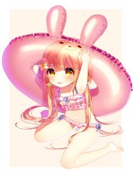 Rule 34 | 10s, 1girl, :d, absurdres, bad id, bad pixiv id, bare arms, bare legs, barefoot, beads, beige background, bikini, blush, boots, candy print, carrying overhead, flat chest, flower, food print, frilled bikini, frills, full body, futaba anzu, hair flower, hair ornament, hands up, highres, idolmaster, idolmaster cinderella girls, inflatable toy, innertube, long hair, looking at viewer, low twintails, mafuyu (chibi21), navel, open mouth, outside border, plumeria, print bikini, rabbit, shirt, side-tie bikini bottom, sitting, smile, solo, stomach, sweat, swim ring, swimsuit, t-shirt, transparent, twintails, very long hair, wariza, white bikini, white footwear, yellow background, yellow eyes