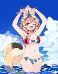 Rule 34 | 1girl, ;d, ahoge, animal ear fluff, animal ears, armpits, arms up, bikini, black hair, blonde hair, blue bow, blush, bow, braid, breasts, cleavage, cloud, collarbone, day, fox ears, fox girl, fox tail, gluteal fold, hair bow, hair ornament, hair over shoulder, heart, heart-shaped pupils, highres, hololive, innertube, long hair, looking at viewer, medium breasts, mota, multicolored hair, navel, omaru polka, one eye closed, open mouth, outdoors, pink hair, purple eyes, side braid, single braid, skindentation, sky, smile, solo, standing, stomach, streaked hair, swim ring, swimsuit, symbol-shaped pupils, tail, underboob, virtual youtuber, wading, water, wet
