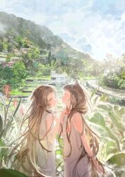 Rule 34 | 2girls, absurdres, animal ears, blunt bangs, brown hair, cat ears, child, closed mouth, cloud, cloudy sky, day, dress, from side, grey dress, highres, kurikabacha, leaf, long hair, mountain, multiple girls, neck ribbon, oil painting (medium), original, outdoors, painting (medium), red ribbon, ribbon, rural, scenery, sidelocks, sky, traditional media