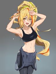 Rule 34 | 10s, 1girl, :d, absurdres, adjusting hair, armpits, arms up, bad id, bad pixiv id, bare shoulders, black shirt, blonde hair, blouse, blush, breasts, cleavage, closed eyes, collarbone, cowboy shot, crop top, gimnang, gradient background, grey background, hair between eyes, highres, holding, holding hair, long hair, looking at viewer, medium breasts, midriff, multicolored hair, navel, nikaidou saki, open mouth, orange eyes, overalls, ponytail, shirt, simple background, sleeveless, sleeveless shirt, smile, solo, sports bra, streaked hair, sweat, very long hair, zombie land saga