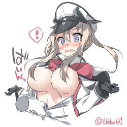 Rule 34 | !, 10s, 1girl, @ @, anchor, assisted exposure, bad id, bad twitter id, black gloves, blonde hair, blush, breasts, capelet, clothes pull, convenient censoring, disembodied hand, ebifurya, gloves, graf zeppelin (kancolle), hair between eyes, hair censor, hair over breasts, hat, highres, inactive account, jacket, kantai collection, large breasts, long hair, long sleeves, motion lines, no bra, open mouth, peaked cap, pulling another&#039;s clothes, purple eyes, shirt pull, sidelocks, simple background, solo focus, speech bubble, spoken exclamation mark, sweat, tears, twintails, twitter username, upper body, white background