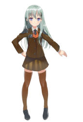 Rule 34 | 10s, 1girl, alternate eye color, aqua hair, ascot, black footwear, blue eyes, bow, bowtie, brown skirt, brown thighhighs, buttons, eight tohyama, full body, hair ornament, hairclip, hand on own hip, kantai collection, long hair, long sleeves, looking at viewer, personification, shoes, shoulder pads, skirt, smile, solo, suzuya (kancolle), thighhighs, uniform, white background, zettai ryouiki