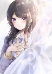 Rule 34 | 1girl, absurdres, black hair, blue eyes, blue jacket, blue necktie, blush, cardigan, collar, collared shirt, curtains, hand on own chest, highres, huge filesize, idolmaster, idolmaster shiny colors, indoors, jacket, kazano hiori, light particles, long hair, looking at viewer, mole, mole under mouth, namamake, necktie, school uniform, see-through, shirt, sidelocks, solo, striped necktie, striped neckwear, uniform, upper body, white collar, window