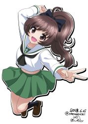 Rule 34 | 10s, 1girl, :d, absurdres, akiyama yukari, alternate hair length, alternate hairstyle, arms up, black bow, black neckerchief, black socks, blouse, bow, brown eyes, brown footwear, brown hair, clenched hand, commentary, dated, foreshortening, full body, girls und panzer, green skirt, hair bow, highres, jumping, loafers, long hair, long sleeves, looking at viewer, messy hair, midriff, miniskirt, navel, neckerchief, one-hour drawing challenge, ooarai school uniform, open mouth, pleated skirt, ponytail, school uniform, serafuku, shiina excel, shirt, shoes, silhouette, simple background, skirt, smile, socks, solo, twitter username, v, watermark, white background, white shirt