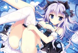Rule 34 | 1girl, absurdres, ahoge, animal ears, ass, babydoll, bare shoulders, black bow, blue bow, blue eyes, blue flower, blue panties, blue ribbon, blue rose, blush, bow, breasts, cameltoe, cat ears, choker, copyright request, detached sleeves, fake animal ears, flower, frilled pillow, frilled thighhighs, frills, hair bow, hairband, highres, huge filesize, indoors, legs up, lingerie, long hair, looking at viewer, lying, maid headdress, medium breasts, on back, panties, parted lips, petals, pillow, puffy detached sleeves, puffy short sleeves, puffy sleeves, purple hair, ribbon, ribbon choker, rose, shiromochi sakura, short sleeves, single thighhigh, solo, sparkle, striped bow, striped clothes, striped panties, thighhighs, triangle mouth, two side up, underwear, underwear only, white thighhighs