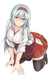 Rule 34 | 1girl, all fours, blush, breasts, brown eyes, closed eyes, hairband, headband, hip vent, indoors, japanese clothes, kantai collection, kimono, long hair, miko, panties, panties around leg, pleated skirt, red skirt, satou samu, shoukaku (kancolle), sidelocks, simple background, skirt, sleeves rolled up, smile, thighhighs, underwear, white background, white hair, white kimono, white panties