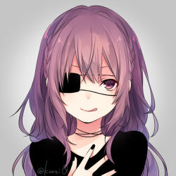 Rule 34 | 1girl, profile picture, black nails, choker, closed mouth, commentary request, eyepatch, grey background, hand up, kuroi (liar-player), long hair, looking at viewer, nail polish, original, purple eyes, purple hair, ribbon choker, smile, solo, upper body, wavy hair