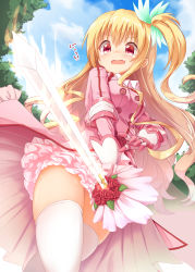 Rule 34 | 1girl, absurdres, blonde hair, charlotte (sennen sensou aigis), cowboy shot, fang, flower, from below, gloves, highres, kisa (k isa), long hair, open mouth, red eyes, rose, sennen sensou aigis, side ponytail, solo, sword, thighhighs, weapon, white thighhighs