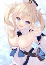 Rule 34 | 1girl, :d, absurdres, barbara (genshin impact), bare shoulders, blonde hair, blue eyes, blush, book, bow, bowtie, breasts, cleavage, collarbone, cross, detached collar, dress, genshin impact, hair ornament, hand up, hat, highres, idol, long sleeves, medium breasts, murur (matsumikoru), open mouth, smile, twintails, upper body, waving, white dress