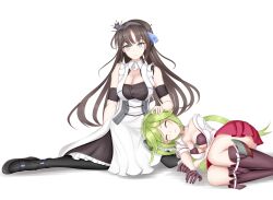 Rule 34 | 2girls, absurdres, ass, azur lane, bare shoulders, black gloves, black hair, blue eyes, blush, boots, bow, breasts, brown eyes, cleavage, closed mouth, dress, flower, frills, genius 1237to, gloves, green eyes, green hair, hair ornament, hairband, highres, large breasts, long hair, looking at viewer, lying, maid, maid headdress, medium breasts, multiple girls, newcastle (azur lane), pantyhose, ribbon, salt lake city (azur lane), shirt, short hair, short sleeves, simple background, sitting, skirt, smile, thighhighs, very long hair, white background