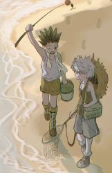 Rule 34 | 2boys, arm up, bag, beach, black hair, boots, bucket, butterfly net, child, fishing rod, from above, gon freecss, hand net, hat, hat on back, highres, holding, holding bucket, holding butterfly net, holding fishing rod, hunter x hunter, killua zoldyck, male focus, multiple boys, outdoors, short hair, shorts, sleeveless, straw hat, tank top, thicopoyo, walking, white hair