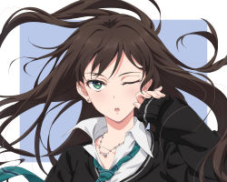 Rule 34 | 1girl, brown hair, cardigan, chestnut mouth, commentary request, earrings, green eyes, highres, idolmaster, idolmaster cinderella girls, idolmaster cinderella girls starlight stage, jewelry, long hair, looking at viewer, necklace, necktie, one eye closed, sanada (tony2035176), school uniform, shibuya rin, sleeves past wrists, solo, upper body