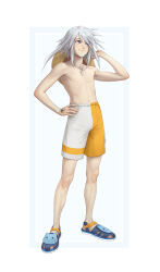 Rule 34 | 1boy, absurdres, blue eyes, crocs, genius sage, hat, highres, kazuko (towa), light smile, male focus, male swimwear, simple background, straw hat, swimsuit, tales of (series), tales of symphonia, topless male, white hair