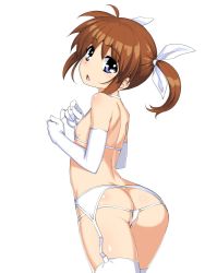 Rule 34 | 1girl, arched back, ass, bare shoulders, bikini, brown hair, butt crack, commentary request, elbow gloves, from behind, garter belt, garter straps, gloves, long hair, looking at viewer, looking back, lowleg, lowleg bikini, lyrical nanoha, mahou shoujo lyrical nanoha, micro bikini, namonashi, open mouth, purple eyes, shiny skin, short twintails, shoulder blades, simple background, solo, standing, swimsuit, takamachi nanoha, thighhighs, thong bikini, twintails, white background, white gloves, white thighhighs