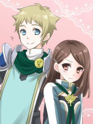 Rule 34 | 1boy, 1girl, blonde hair, blue eyes, breasts, brown hair, character request, closed mouth, earrings, gensou suikoden, hair ornament, hairclip, jewelry, smile, stardrop