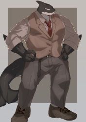 Rule 34 | 1boy, absurdres, bara, between pectorals, brown vest, fins, fish boy, fish tail, formal, full body, furry, furry male, grey pants, hands on own hips, highres, large pectorals, looking to the side, lvluri (murimurri670), male focus, muscular, muscular male, necktie, necktie between pectorals, no eyes, orca, orca boy, original, pants, pectorals, red necktie, scales, sleeves rolled up, solo, standing, tail, vest