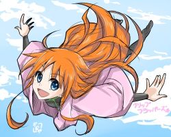 Rule 34 | 1girl, :d, ahoge, artist name, blue eyes, blue sky, cloud, cloudy sky, copyright name, day, eyebrows, falling, female focus, flip flappers, long hair, long sleeves, lowres, open mouth, orange hair, outdoors, papika (flip flappers), sky, smile, solo, yaoya (boss)