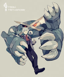 Rule 34 | 10s, 1boy, bad id, bad pixiv id, character name, claws, creatures (company), extra arms, floating, game freak, gen 3 pokemon, glowing, glowing eyes, holding, holding poke ball, leaning, male focus, mega metagross, mega pokemon, metagross, nintendo, poke ball, pokemon, pokemon (creature), pokemon oras, red eyes, short hair, silver hair, simple background, smile, smirk, steven stone, tan3boy
