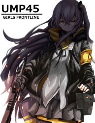 Rule 34 | 1girl, absurdres, armband, black gloves, black ribbon, brown eyes, brown hair, character name, fingerless gloves, floating hair, girls&#039; frontline, gloves, gun, h&amp;k ump, h&amp;k ump, hair between eyes, hair ornament, heckler &amp; koch, highres, holding, holding gun, holding weapon, hood, hood down, hooded jacket, jacket, kamatama, long hair, looking at viewer, neck ribbon, one side up, open clothes, open jacket, pantyhose, pleated skirt, ribbon, scar, scar across eye, scar on face, scarf, shaded face, skirt, smile, submachine gun, twintails, ump45 (girls&#039; frontline), weapon